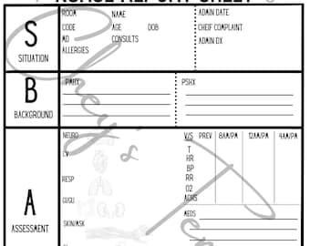 Pode incluir: Uma folha de relatório de enfermagem imprimível em preto e branco com as palavras "NURSE REPORT SHEET" no topo. A folha é dividida em seções etiquetadas como "S", "B", "A" e "R", que representam "Situação", "Antecedentes", "Avaliação" e "Recomendação". Cada seção tem vários campos para registrar as informações do paciente, incluindo o código da sala, o nome, a idade, a data de nascimento, a queixa principal e os sinais vitais.