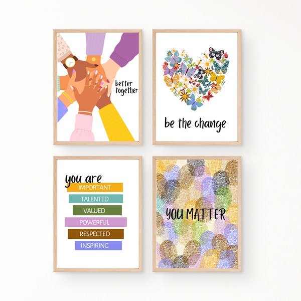 Inclusive Classroom Set of 4 - Digital Download - Kids Wall Art - Diversity - Equality - Inclusion - DEI - Teacher Art - Classroom Decor