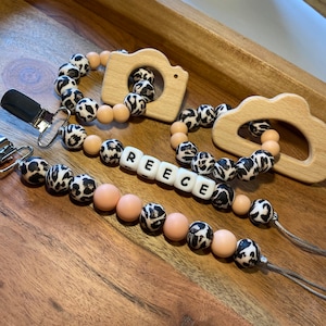 Personalized Pacifier Clip| Custom Pacifier Clip | Binkie Clip | Sensory | Montessori | Leopard | Silicone Beads | Strap | Baby Gift | Leash