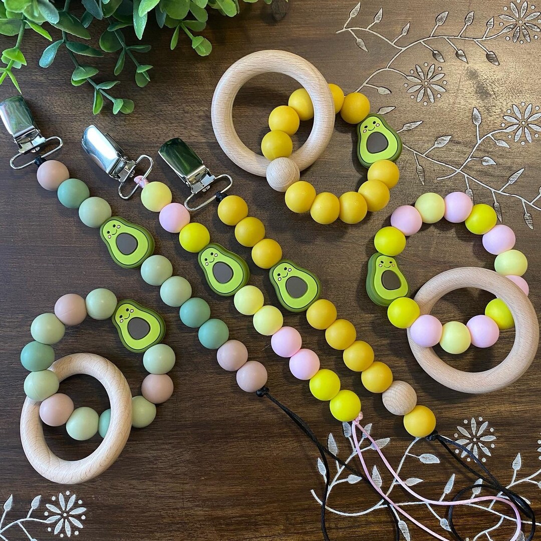Avocado Pacifier Pacifier Clip, Pacifier Strap, Leash, Avocado, Beechwood, Rattle, Clip ...