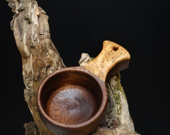 Handmade Mahogny Kuksa Cup Curly Birch Handle Sami Coffee Drinking Vessel