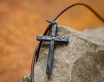 Forged Cross Pendant Leather Cord Necklace Iron Religious Jewerly