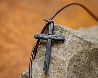 Forged Cross Pendant Leather Cord Necklace Iron Religious Jewerly
