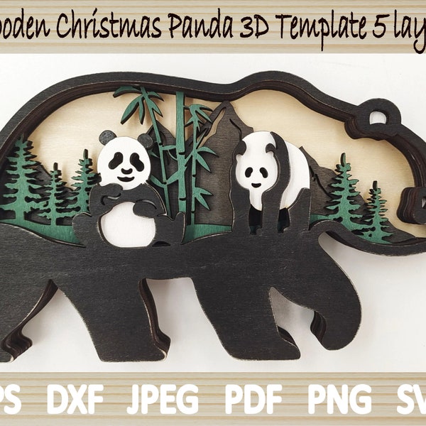 Wooden Panda Home Christmas Ornament Template 5 Layers Glowforge Laser Ready SVG Cut CO2 CNC Vector Instant Digital Download Template