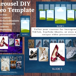 May include: A digital video template for Instagram Reels, TikTok, and YouTube Shorts. The template includes a carousel design with shoe sale images and the text "Shoe Sale". The template is designed for content creators, social media enthusiasts, and business promotions.
