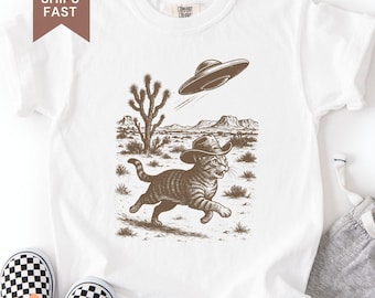 Funny Cat And UFO Kids Comfort Colors Shirt, Funny Gift For Cat Lovers, Retro Cat And Alien Spaceship Tee For Kids, Teens
