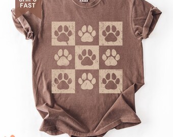 Retro Paw Print Unisex Comfort Colors Shirt, Checkered Paw Print Shirt, Vintage Animal Lover Shirt, Gift For Fur Mama, Dad, Vet, Vet Tech