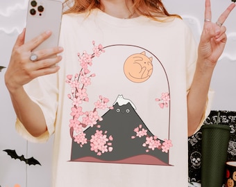 Cat Meowntain Comfort Colors Shirt, Cat Mountain Tee, Japanese Cat T-shirt, Cute Cat And Sakura Doodle Shirt, Cat Graphic Unisex T-Shirt