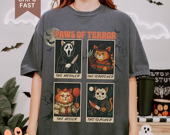 Horror Cat Shirt, Funny Horror Movie Cats Unisex Comfort Colors Shirt, Vintage Horror Movie Shirt With Cat, Spooky Cat Halloween Shirt