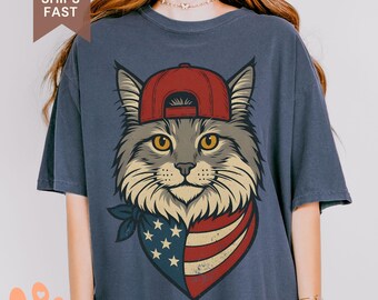 Patriotic Cat Unisex Comfort Colors Shirt, Maine Coon Cat Mom, Cat Dad 4th of July T-Shirt, Vintage Maine Coon Independence Day T-Shirt