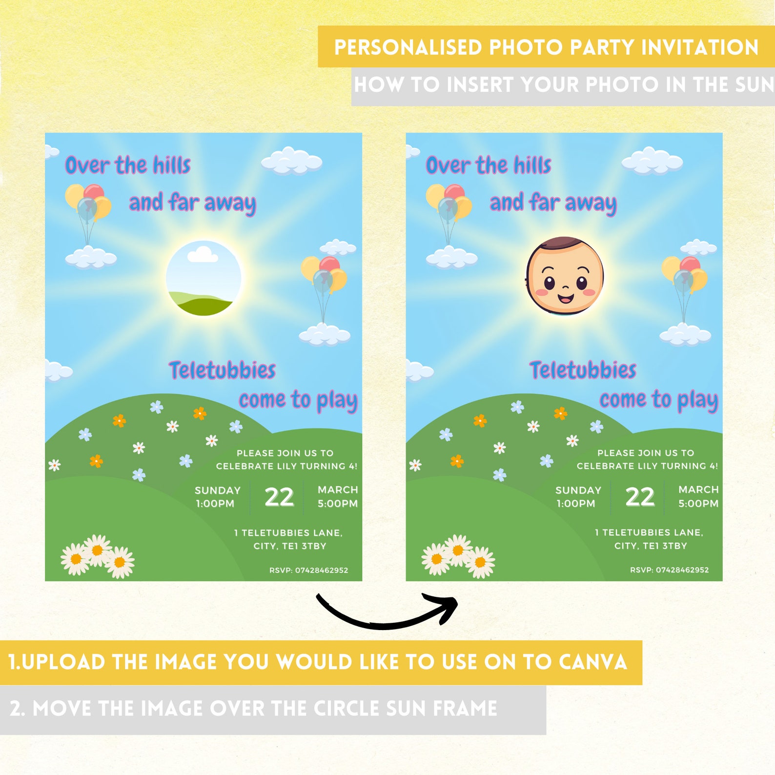 Teletubbies Sun Personalised Photo Birthday Party Invitation Instant