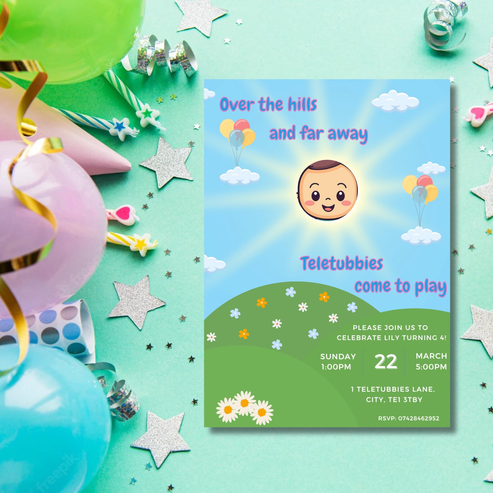 Teletubbies Sun Personalised Photo Birthday Party Invitation Instant
