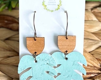 Aqua cork Monstera leaf earrings, plant earrings, spring and summer earrings, aqua jewelry, gift for her