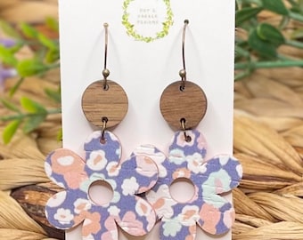 Flower earrings, blue floral earrings, cork earrings, cork and wood, gift for her, gift for friend, lightweight earrings, unique earrings