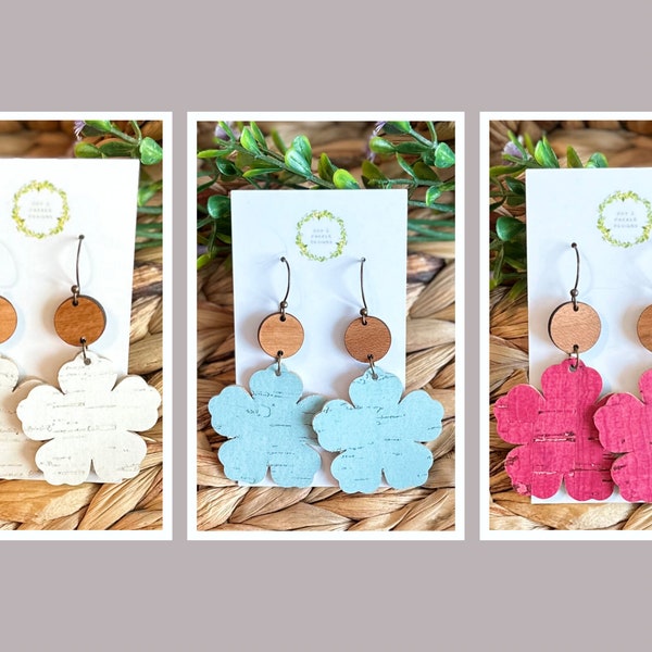 Cork flower earrings, colorful flower earrings, white floral earrings, pink floral earring, aqua floral earrings, lightweight earrings