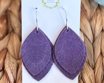 Amethyst purple suede earrings, fringe leaf earrings, lightweight earrings, purple earrings, lightweight jewelry, purple jewelry