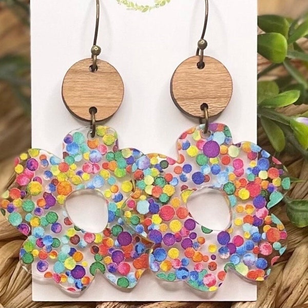 Flower earrings, confetti earrings, colorful earrings, acrylic earrings, multi-color earrings, gift for her, polka dotted earrings,