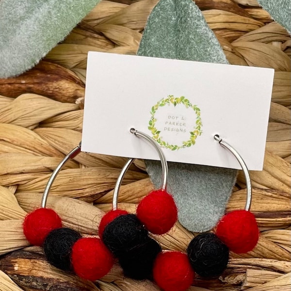 Red and black earrings, felt ball earrings, silver hoops, hoop earrings, unique earrings, gameday earrings, sports earrings, team earrings