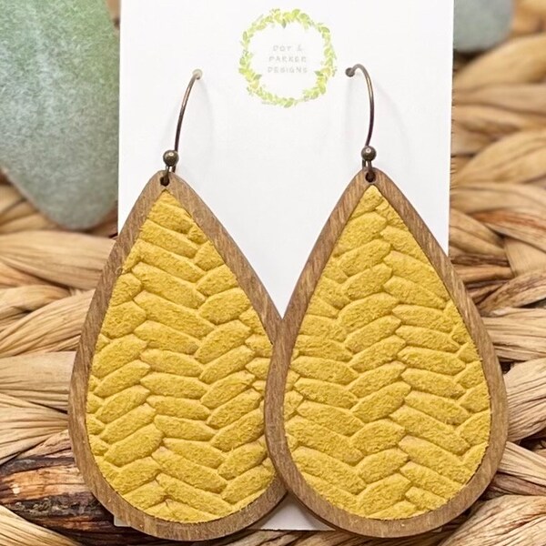 Yellow earrings, mustard earrings, fishtail leather earrings, wooden teardrops, gift for her, fall earrings, lightweight earrings, yellow