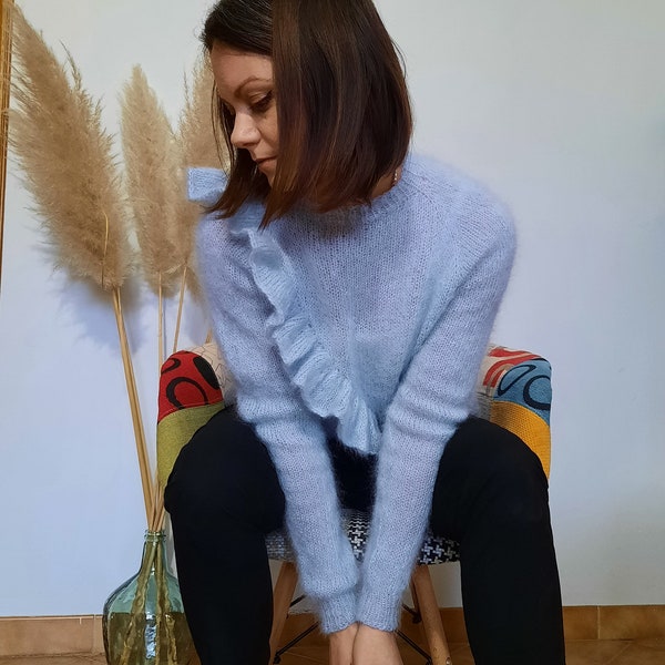 Pull bleu ciel en mohair pour femme