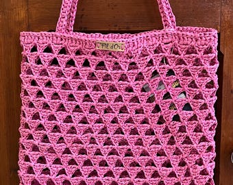 Handmade pink raffia tote bag – Lightweight summer net bag
