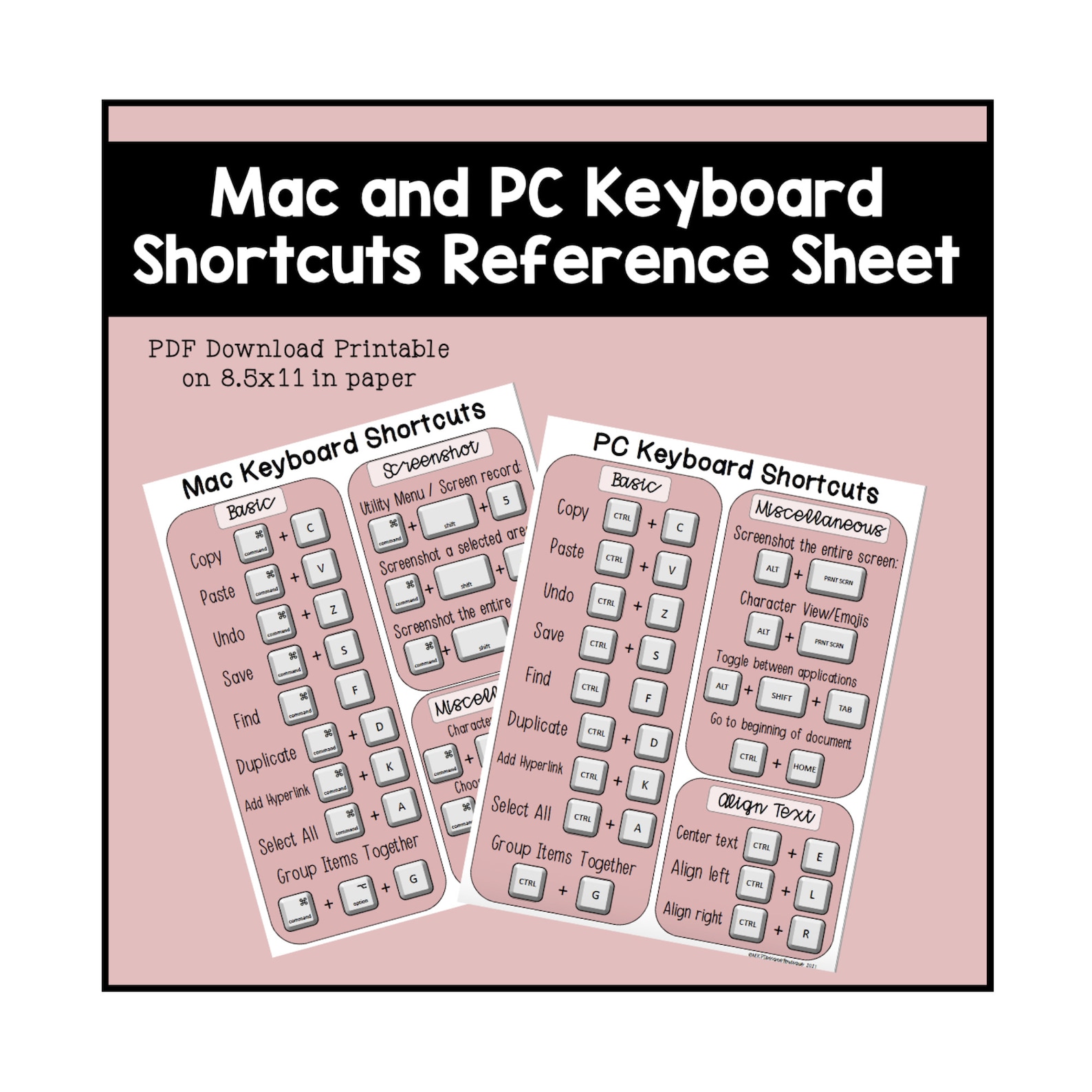 Keyboard Shortcut Reference Sheet mac & PC Etsy
