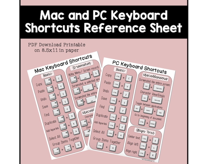 Keyboard Shortcut Reference Sheet (mac & PC) Printable - Etsy