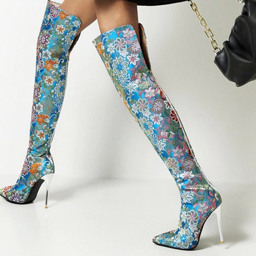 Over Knee Patterned Blue Boots - Etsy 