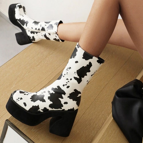 Platform Heel Ankle Boots 70s Style Cow Print