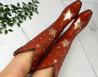 Cowboy western red knee high boots