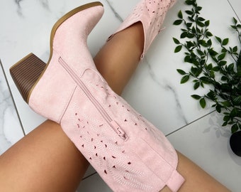 Cowboy western boots pink faux suede
