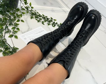 Black chunky lace up boots knee length