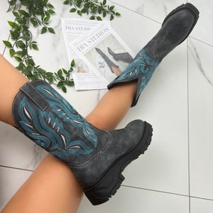 Cowboy western boots grey & blue wide fit