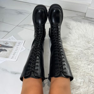 Mens black knee high combat boots on sale