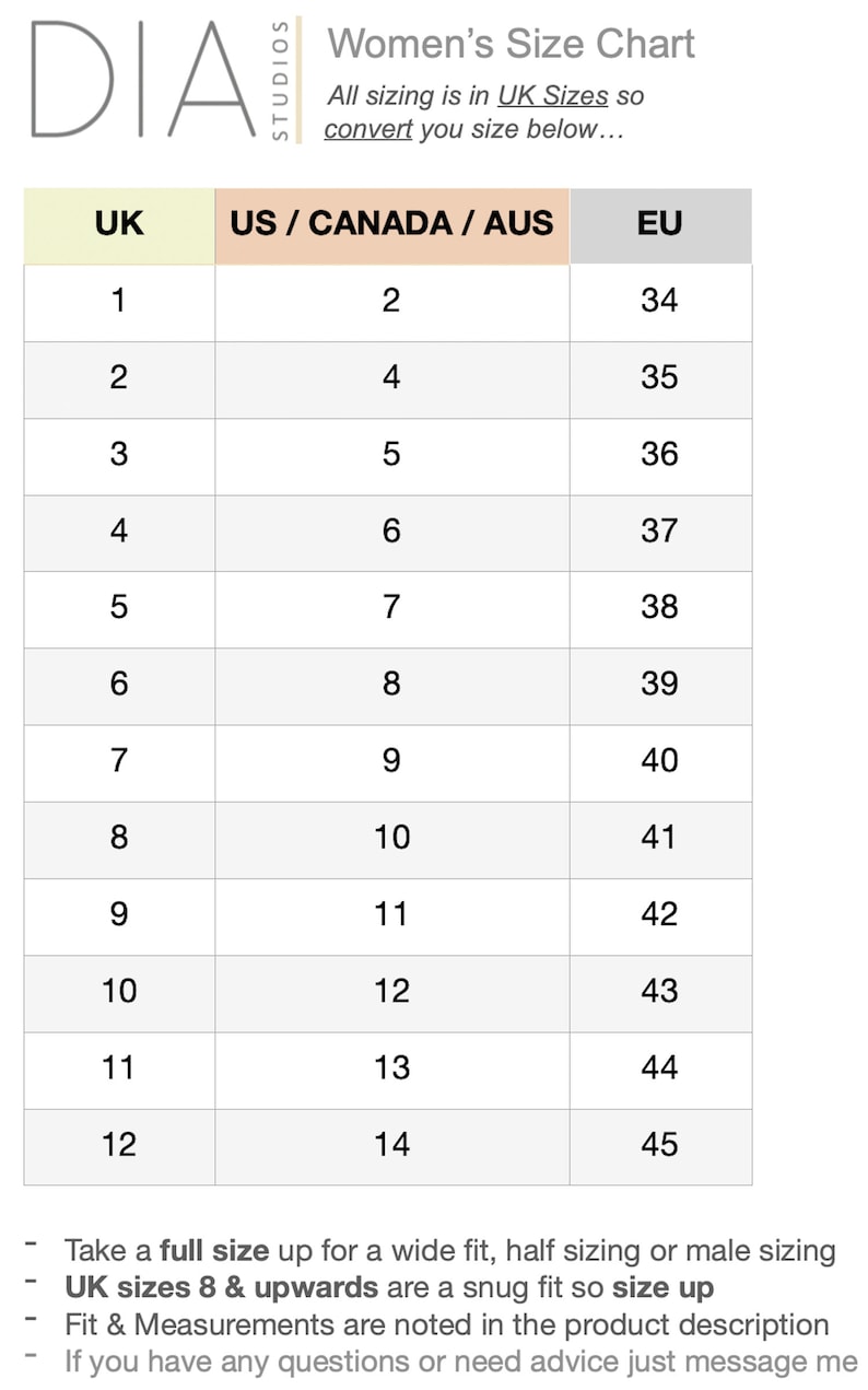 May include: A size chart for women's clothing, with UK, US/Canada/AUS, and EU sizing conversions. The chart includes sizes from UK 1 to 12, with corresponding US sizes from 2 to 14, and EU sizes from 34 to 45. The text states that all sizing is in UK sizes.