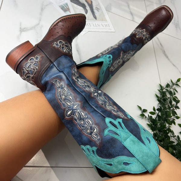 Cowboy western brown blue knee high boots