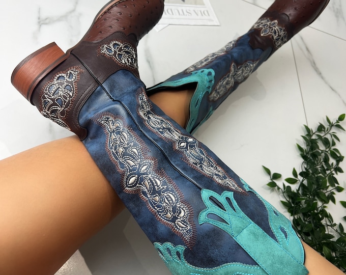 Cowboy western brown blue knee high boots