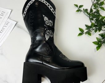 Cowboy western Halloween goth punk black platform boots