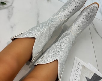 Cowboy western boots white & silver diamanté