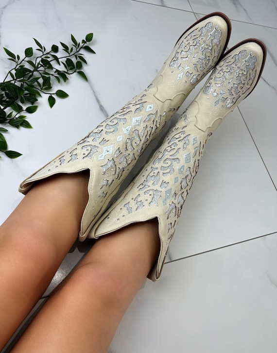 Cowboy Western Boots Cream Silver Glitter Etsy Canada