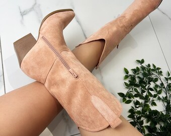 Cowboy western peach pink orange ankle boots faux suede