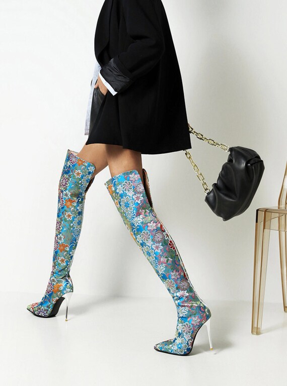 Over Knee Patterned Blue Boots - Etsy