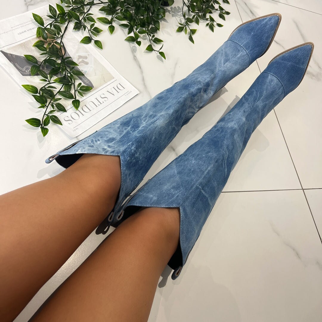 Cowboy Western Denim Blue Knee Length Boots Etsy Canada
