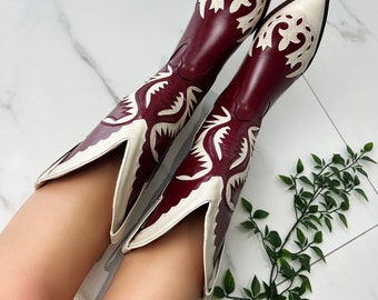 Cowboy western boots Burgundy Red & Cream