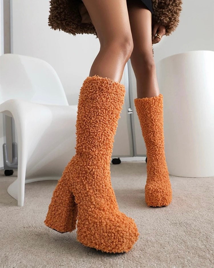 Platform Knee High Furry Boots Etsy