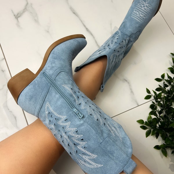 Cowboy western boots blue faux suede