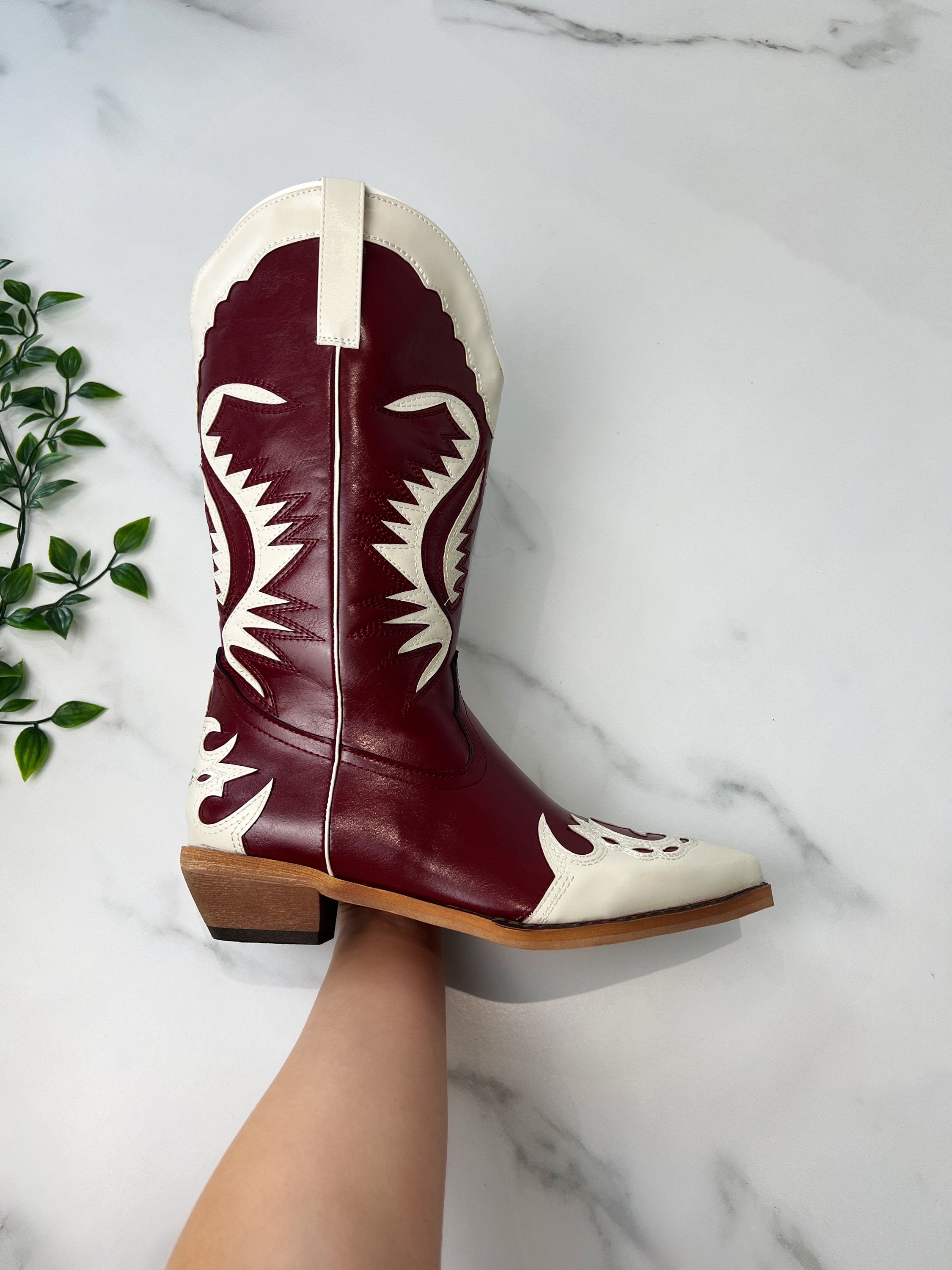 Cowboy Western Boots Burgundy Red & Cream - Etsy