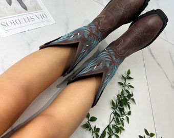 Cowboy western boots brown & blue wide fit