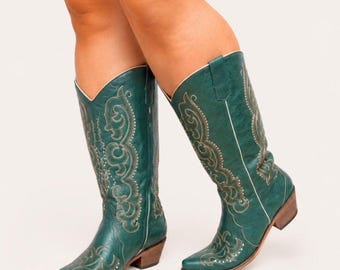 Wide fit Plus size Cowboy western teal green boots