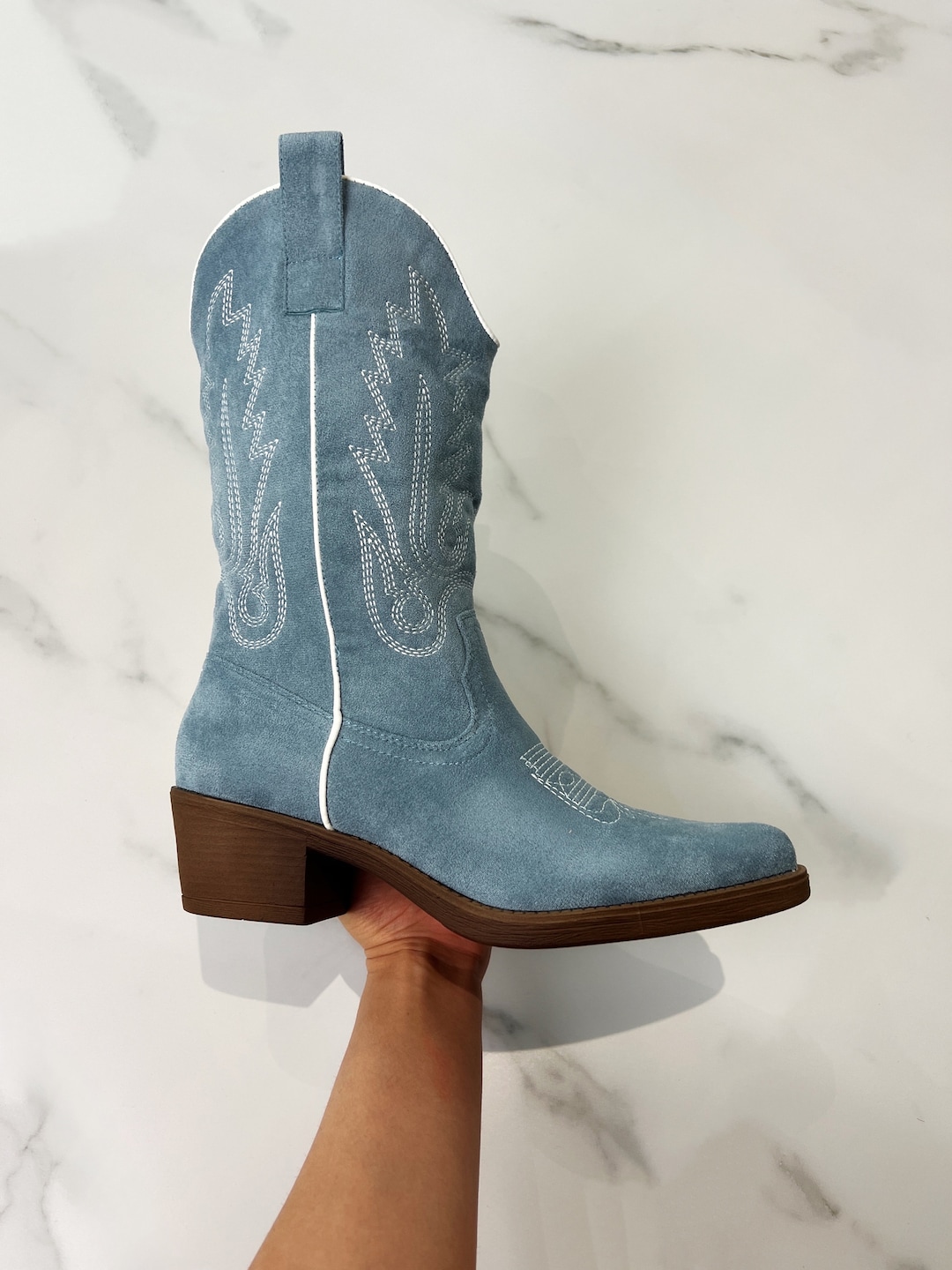 Cowboy western boots blue faux suede